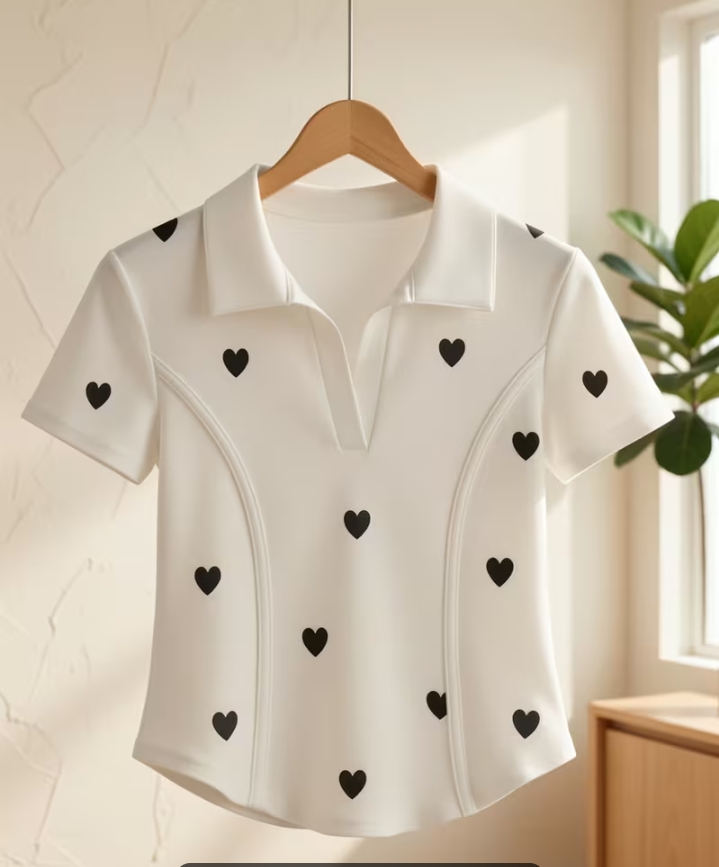 Women's Heart Print Short Sleeve Polo Collar Shirt, Casual V-Neck Slim Fit Top