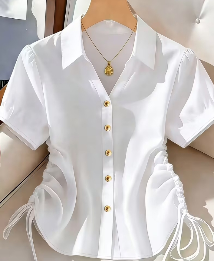 Women's Solid Short Sleeve Lapel Button Up Blouse, Elegant Side Drawstring Ruched Waist Slim Fit Shirt