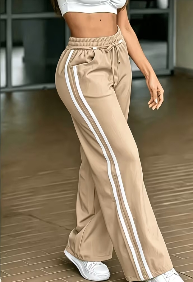 Women's Side Stripe Wide Leg Sweatpants, Casual Elastic Drawstring High Waist Track Pants, Y2K Sporty Joggers