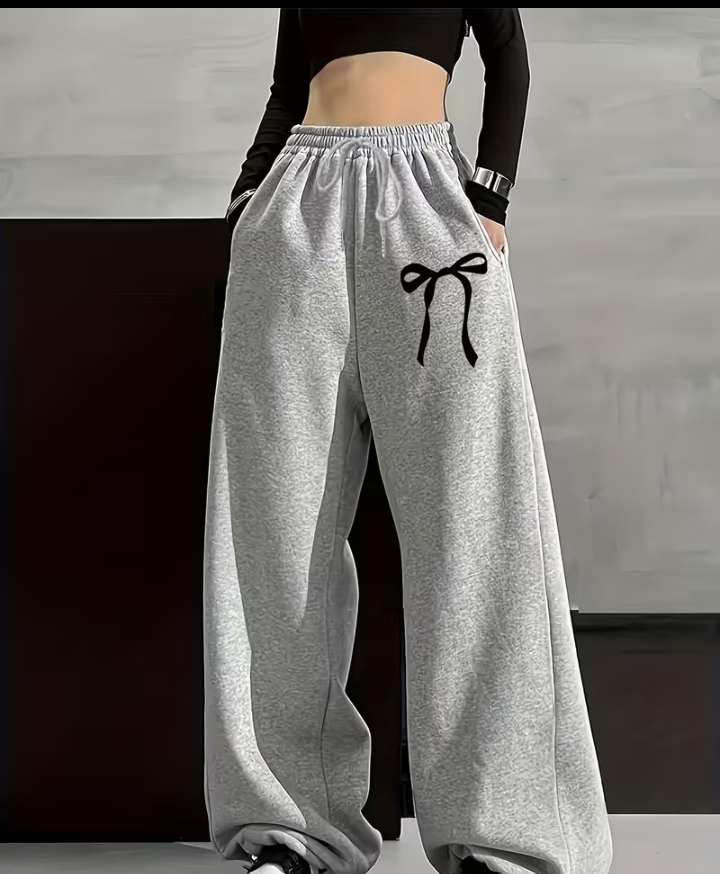 Women's Bow Print Wide Leg Sweatpants, High Waist Elastic Drawstring Grey Joggers, Casual Coquette Aesthetic Track Pants