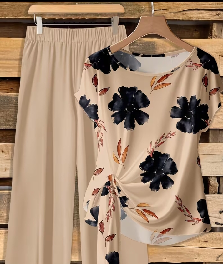 Women's 2-Piece Floral Print Outfit, Round Neck Short Sleeve Front Tie Blouse & High Waist Solid Wide Leg Pants Set