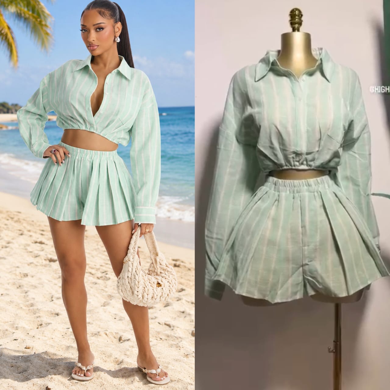 Chic Striped Long-Sleeve Crop Top and Pleated Shorts Set – Two-Piece Casual Summer Outfit