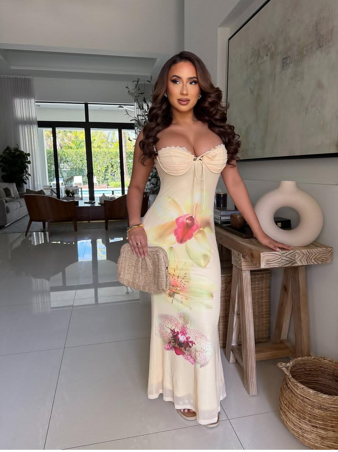 Elegant Floral Print Mesh Maxi Dress – Sleeveless Corset-Style Slip Dress with Delicate Lace Trim