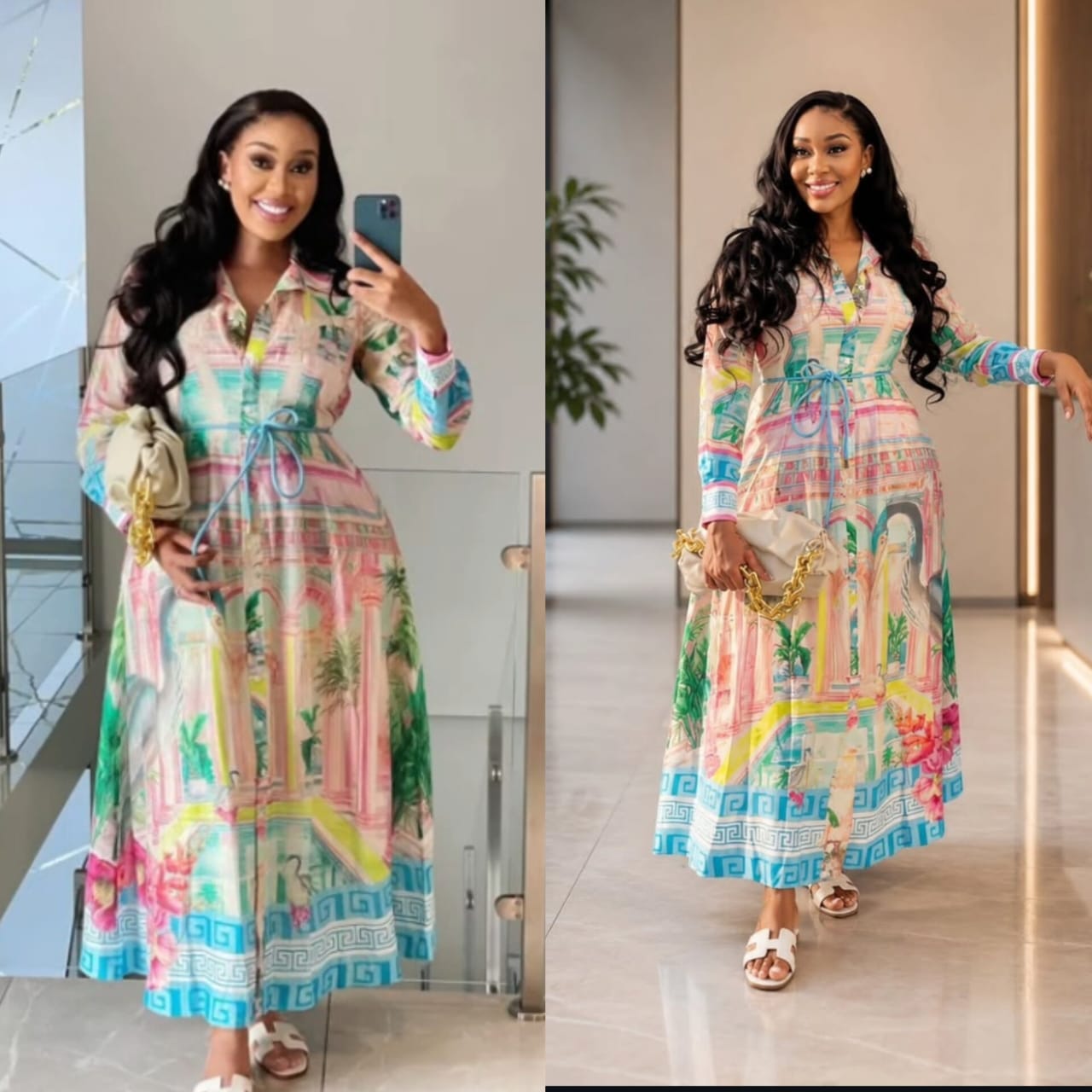 Elegant Printed Long-Sleeve Maxi Shirt Dress – Sophisticated Button-Down Gown with Adjustable Waist Tie