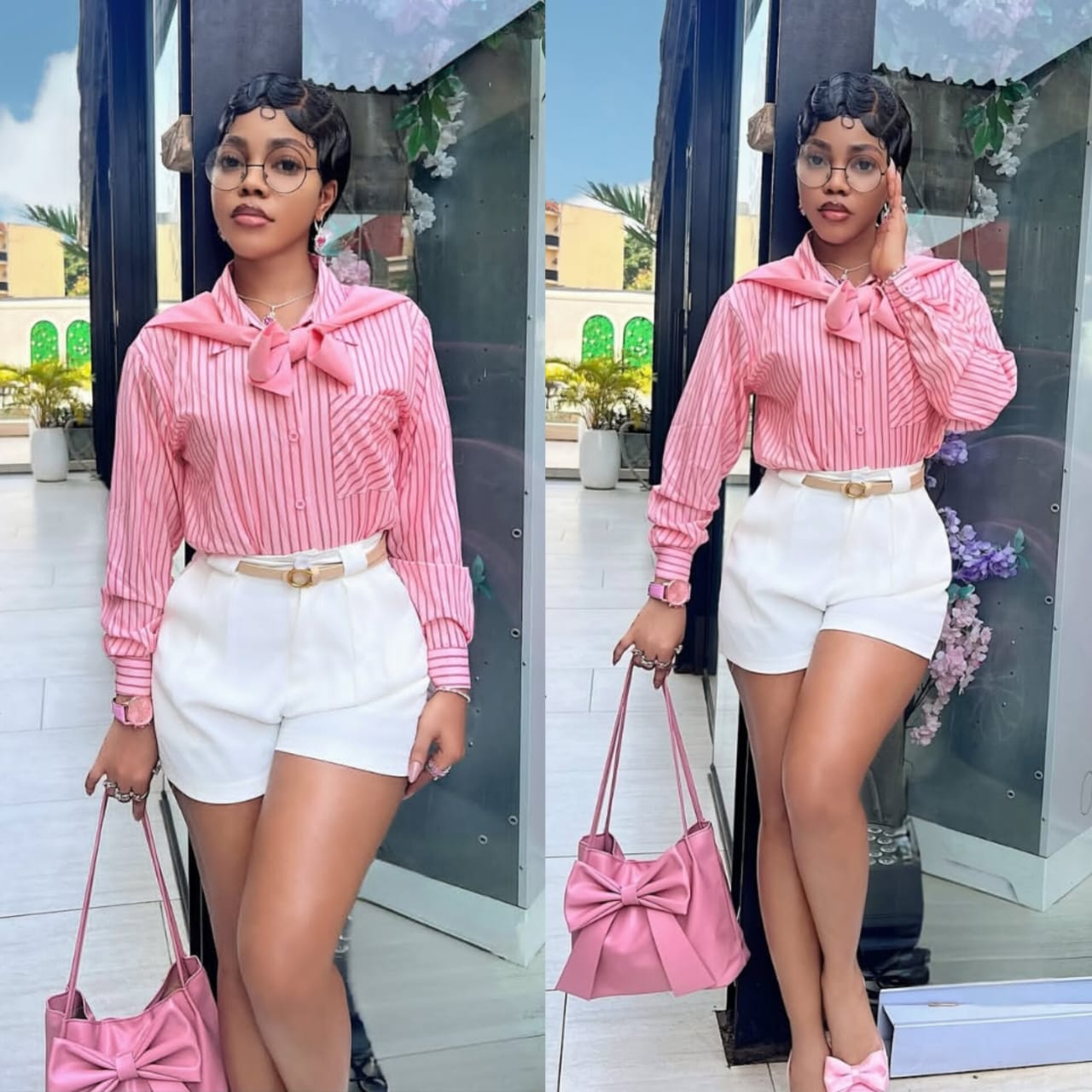 Chic Striped Long-Sleeve Blouse and High-Waist Shorts Set – Stylish Preppy Casual Outfit