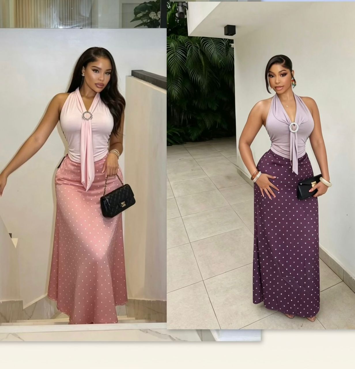 Elegant Two-Piece Halter Top and Polka-Dot Maxi Skirt Set – Sophisticated Evening and Event Wear