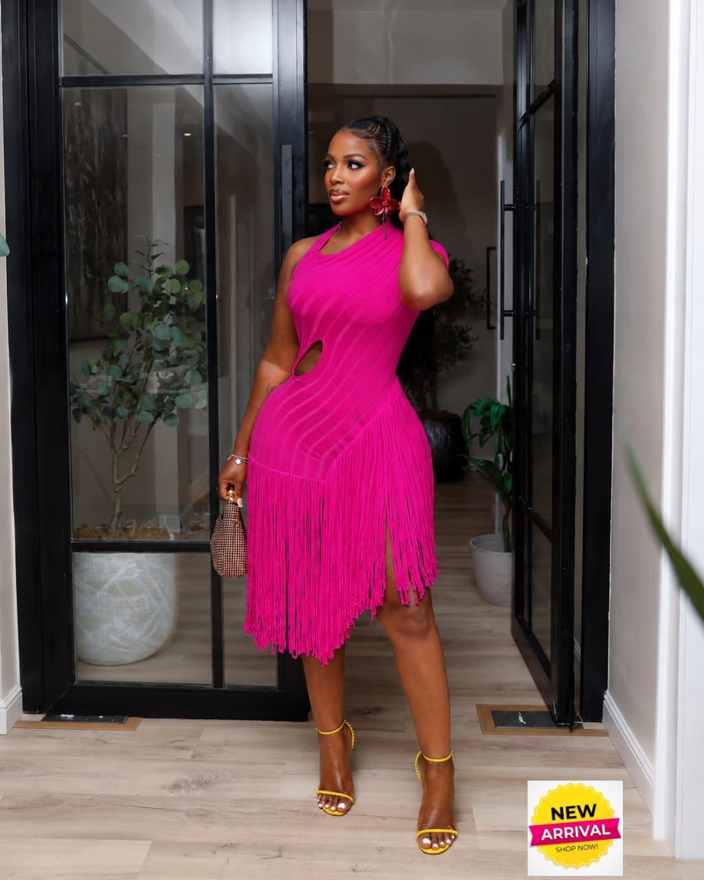 Stylish Asymmetric One-Shoulder Fringed Mini Dress – Vibrant Yellow Bodycon with Side Cut-Out Detail