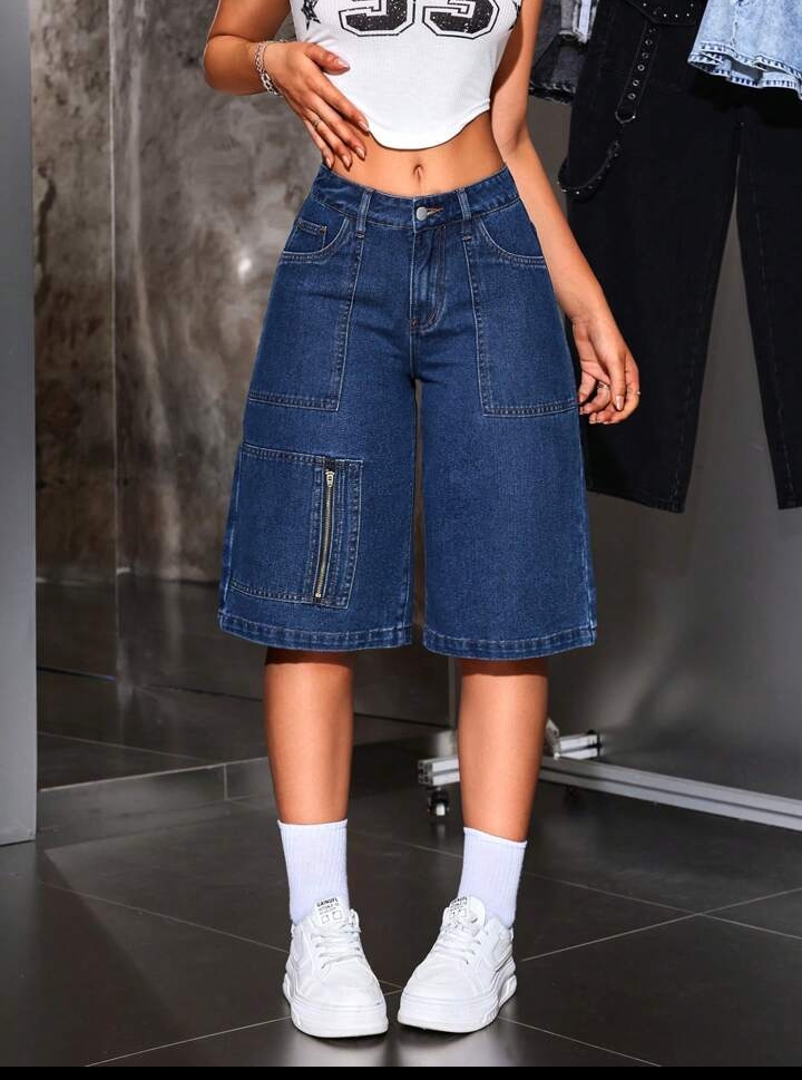Women's Casual Mid-Length Denim Bermuda Shorts with Utility Zipper Detail 2