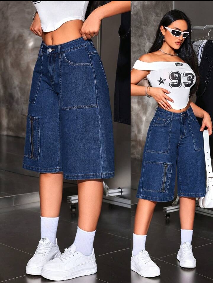 Women's Casual Mid-Length Denim Bermuda Shorts with Utility Zipper Detail