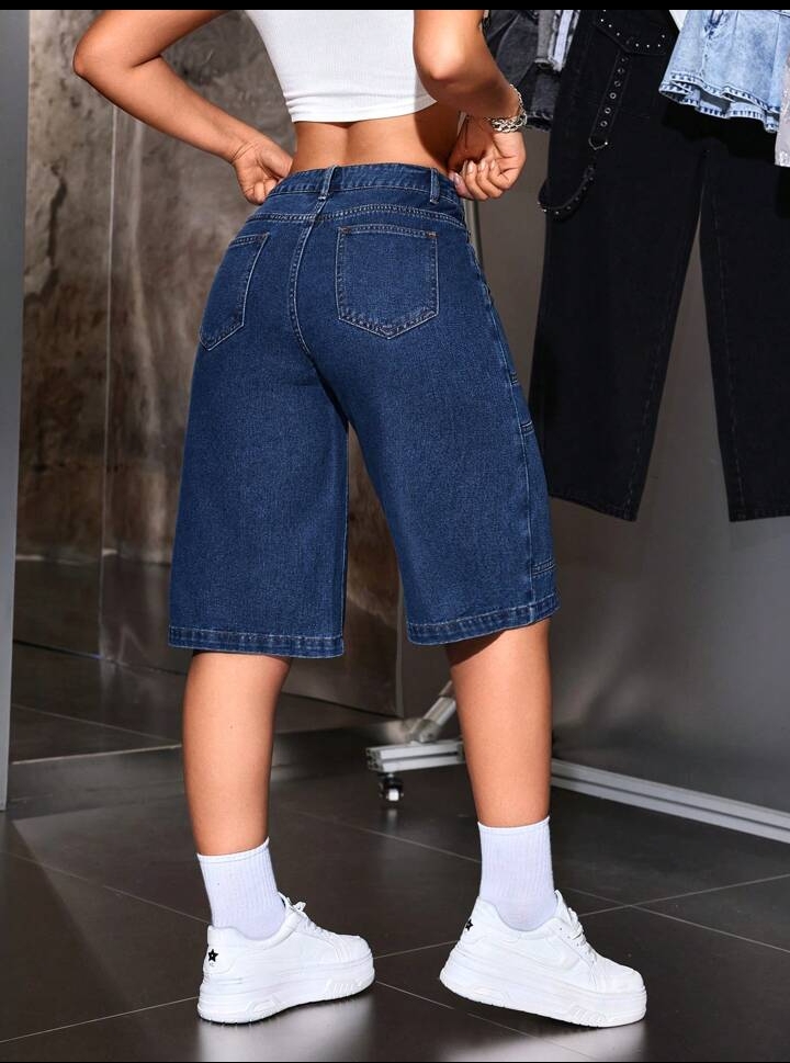 Women's Casual Mid-Length Denim Bermuda Shorts with Utility Zipper Detail 3