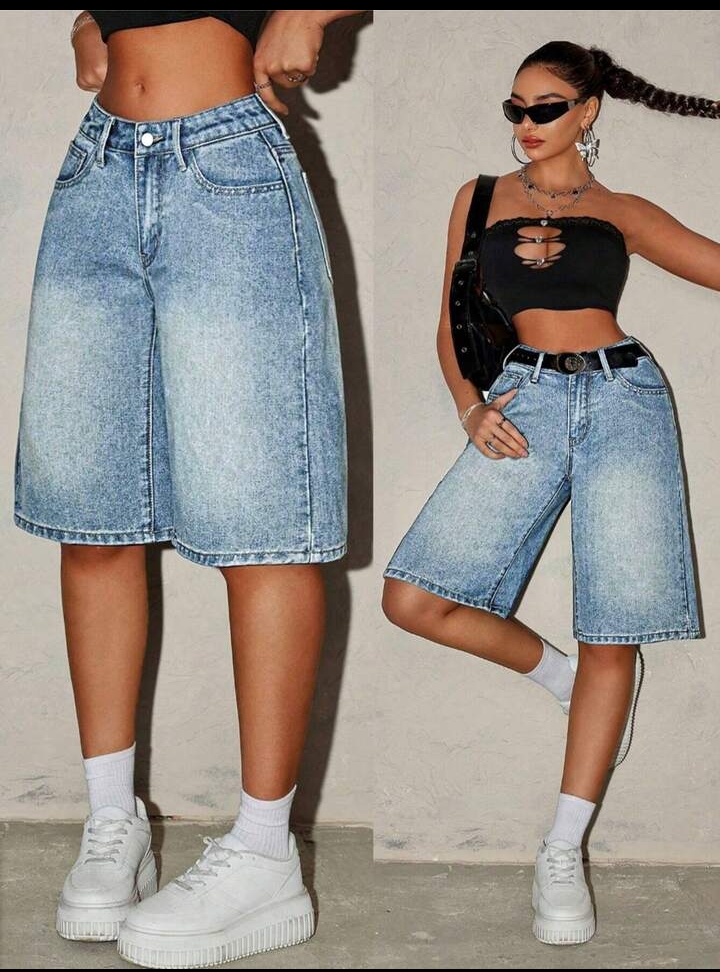 Women's Vintage-Wash Denim Bermuda Shorts – Casual High-Rise Fit