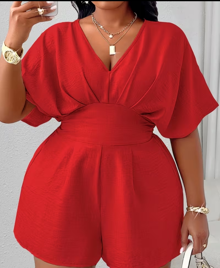 Women's Elegant V-Neck Romper with Flutter Sleeves – Vibrant Red