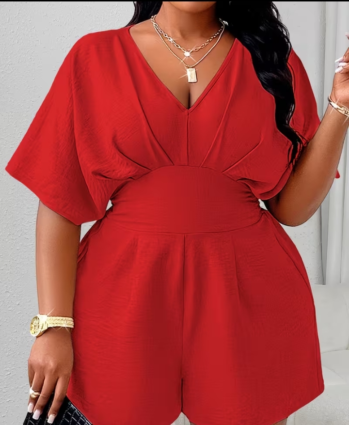 Women's Elegant V-Neck Romper with Flutter Sleeves – Vibrant Red 2