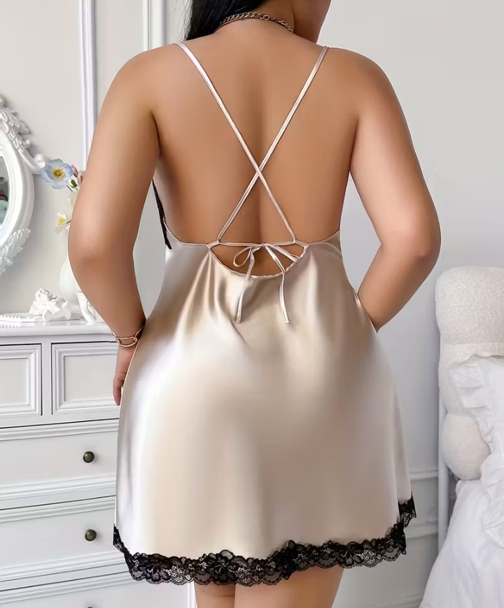 Women's Elegant Satin Chemise with Black Lace Trim – Champagne Sleepwear 2