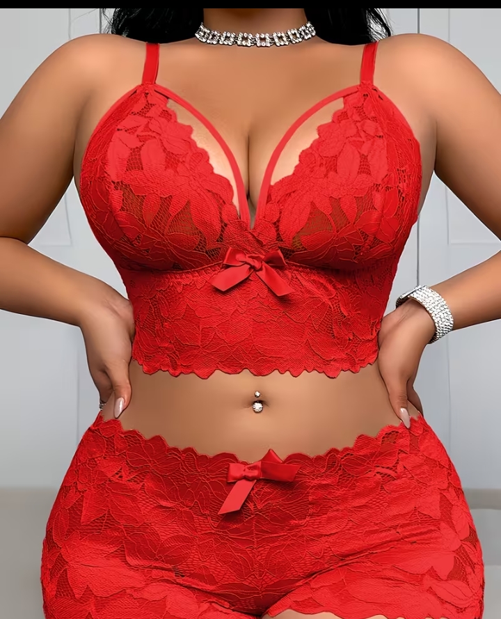Women's Floral Lace Bralette and Matching Panty Set – Vibrant Red