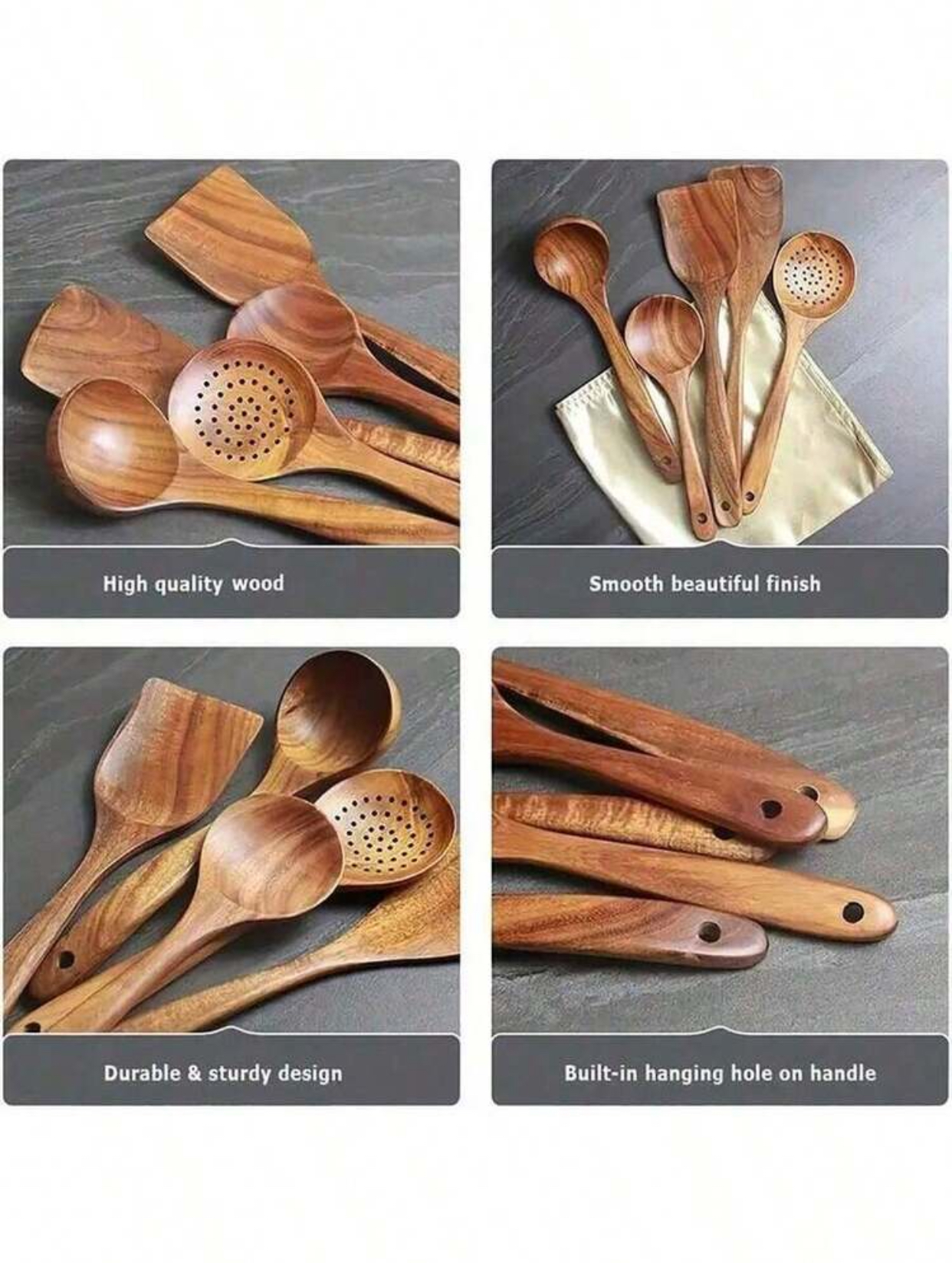 Handcrafted Teak Wooden Kitchen Utensil Set with Storage Organizer Holder (8-Piece) 2