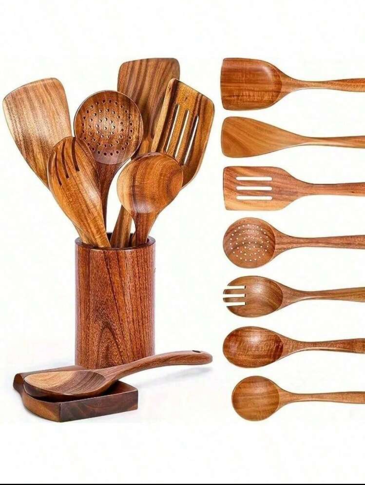 Handcrafted Teak Wooden Kitchen Utensil Set with Storage Organizer Holder (8-Piece) 3