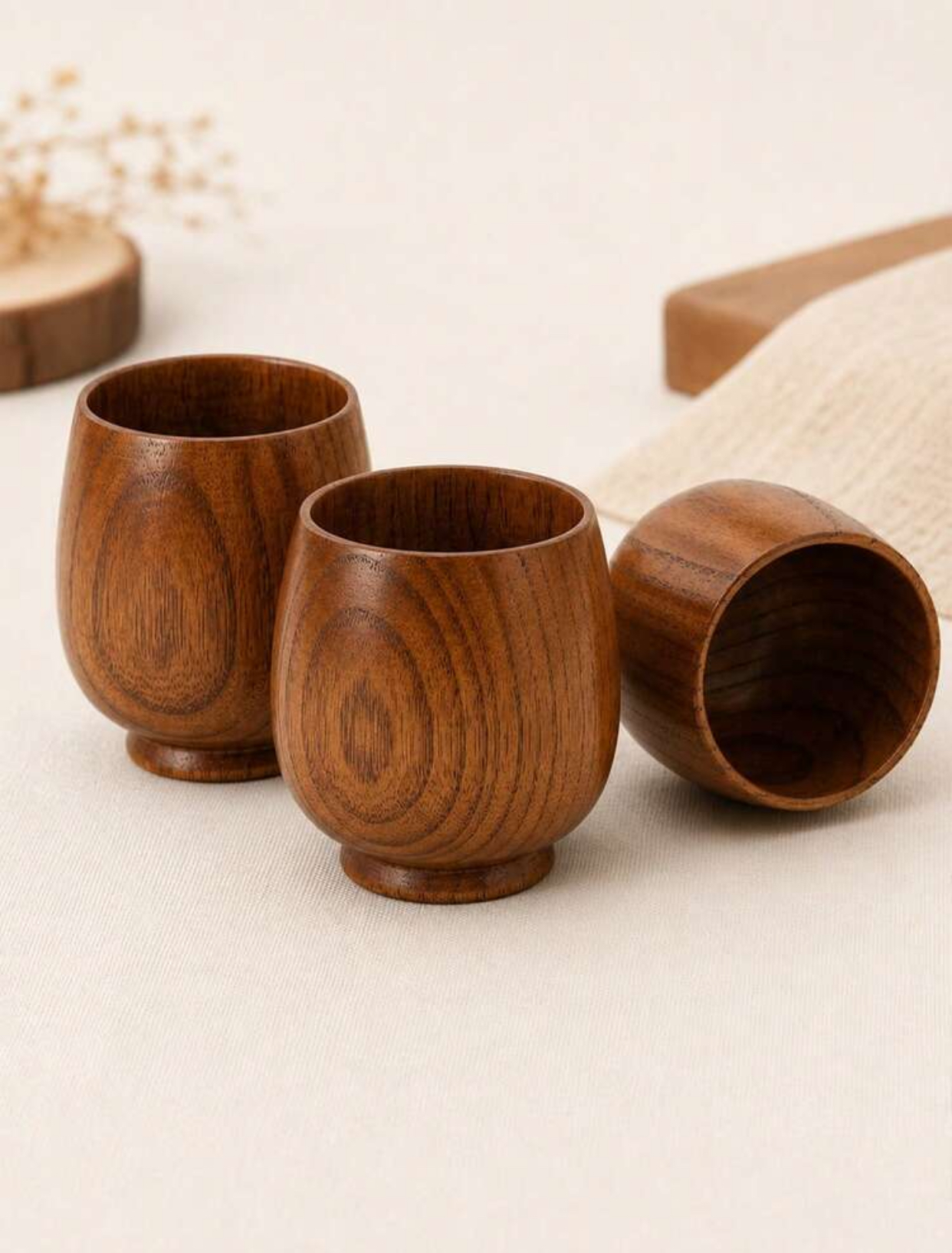 Handcrafted Natural Jujube Wood Japanese Style Tea and Sake Cups Eco-Friendly Primitive Handmade Wooden Wine Goblet Coffee Milk Drinking Mug Tumbler Set (3-Piece)
