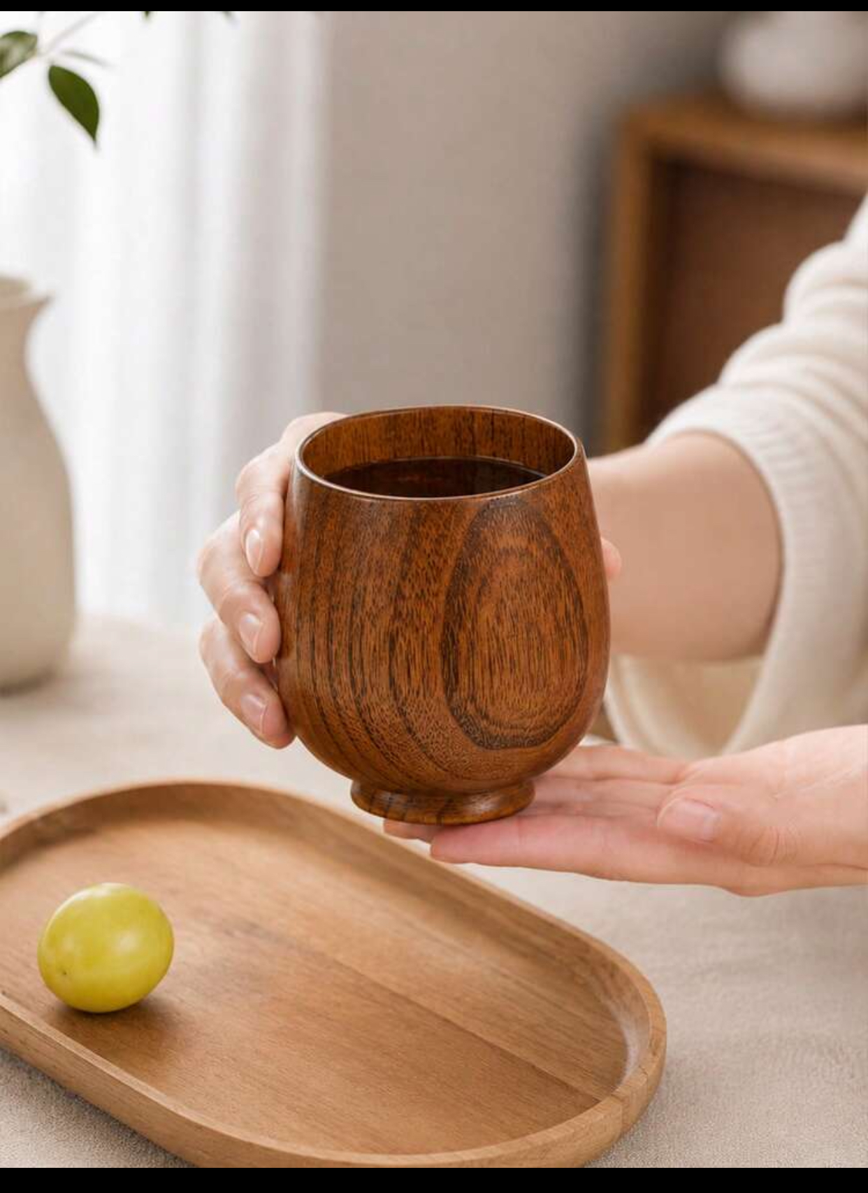 Handcrafted Natural Jujube Wood Japanese Style Tea and Sake Cups Eco-Friendly Primitive Handmade Wooden Wine Goblet Coffee Milk Drinking Mug Tumbler Set (3-Piece) 2