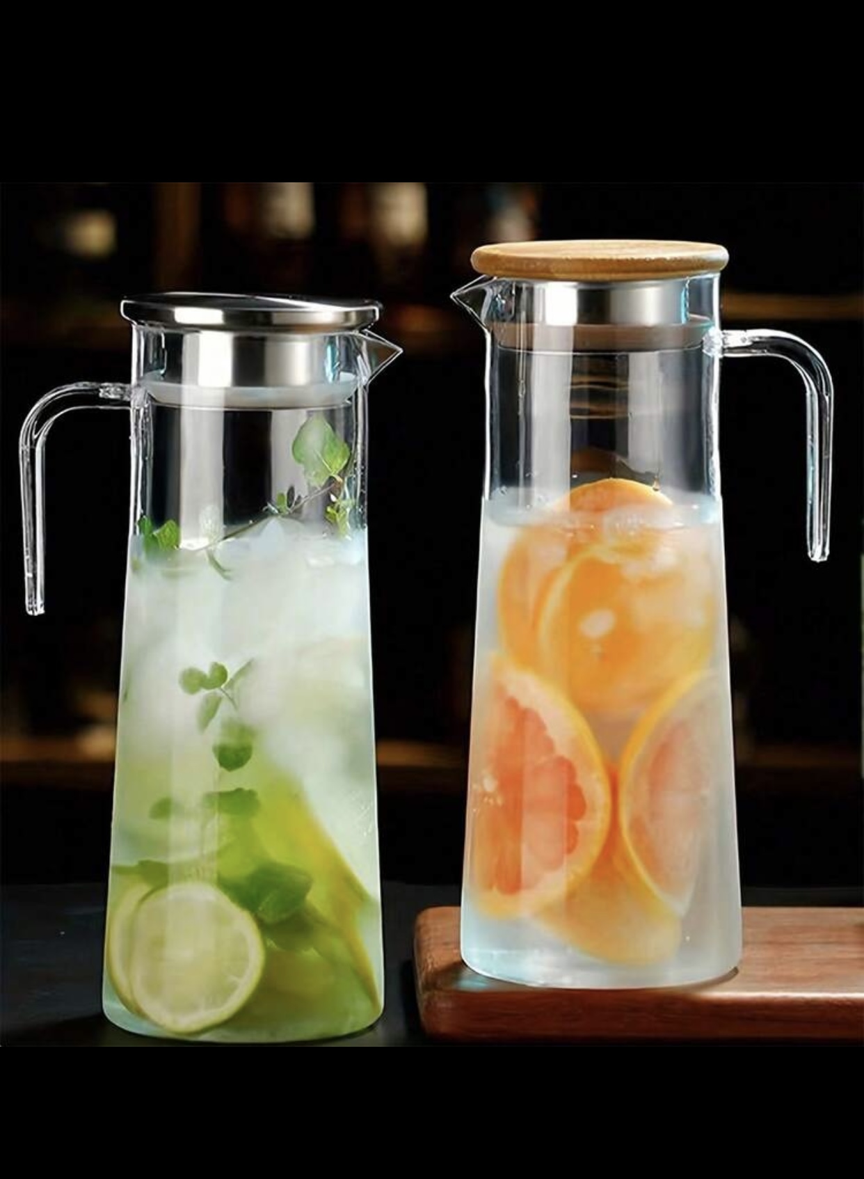 Modern Borosilicate Glass Drink Pitcher Water Carafe Beverage Jug with Eco-Friendly Airtight Bamboo Wood Lid Cover Stainless Steel Filter Strainer Spout and Ergonomic Handle for Hot Cold Ice Tea Juice Fruit Infusions