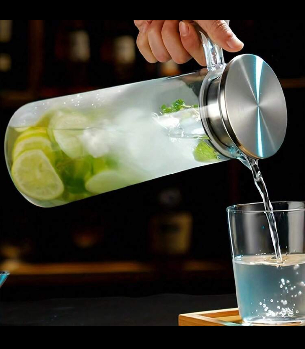 Modern Borosilicate Glass Drink Pitcher Water Carafe Beverage Jug with Eco-Friendly Airtight Bamboo Wood Lid Cover Stainless Steel Filter Strainer Spout and Ergonomic Handle for Hot Cold Ice Tea Juice Fruit Infusions 2