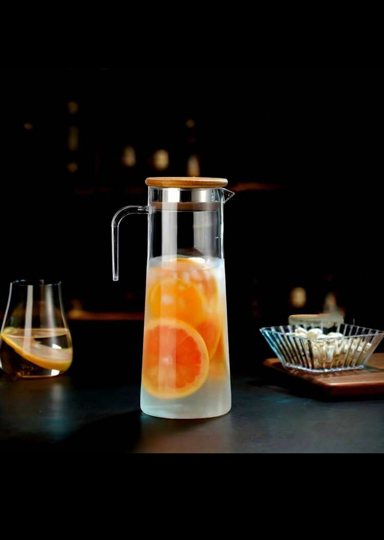 Modern Borosilicate Glass Drink Pitcher Water Carafe Beverage Jug with Eco-Friendly Airtight Bamboo Wood Lid Cover Stainless Steel Filter Strainer Spout and Ergonomic Handle for Hot Cold Ice Tea Juice Fruit Infusions 3