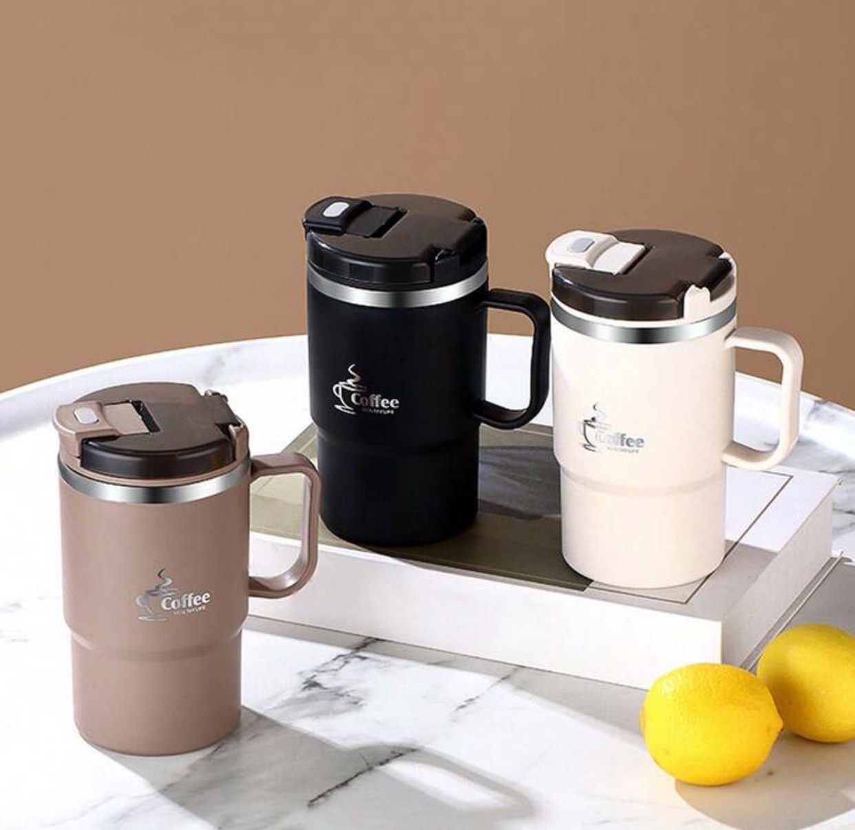 Double Wall Vacuum Insulated Stainless Steel Coffee Travel Mug Tumbler with Spill-Proof Clear Straw Lid Ergonomic Loop Grip Handle and Sweats-Proof Matte Exterior Finish Long-Lasting Hot Cold Temperature Retention