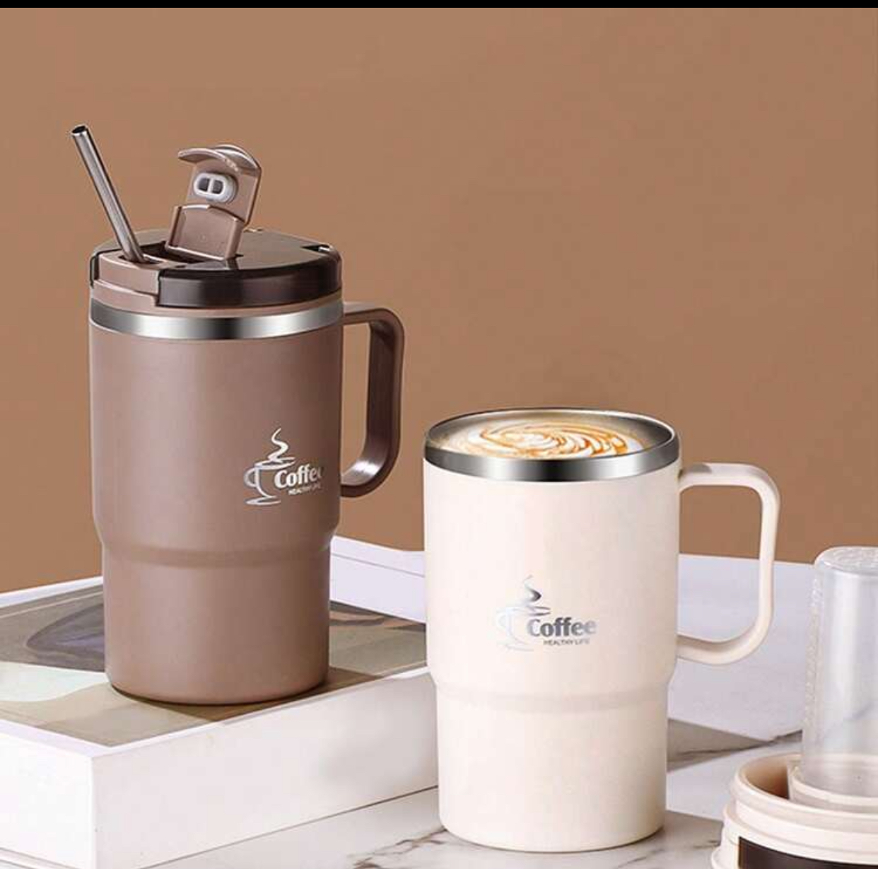 Double Wall Vacuum Insulated Stainless Steel Coffee Travel Mug Tumbler with Spill-Proof Clear Straw Lid Ergonomic Loop Grip Handle and Sweats-Proof Matte Exterior Finish Long-Lasting Hot Cold Temperature Retention 2