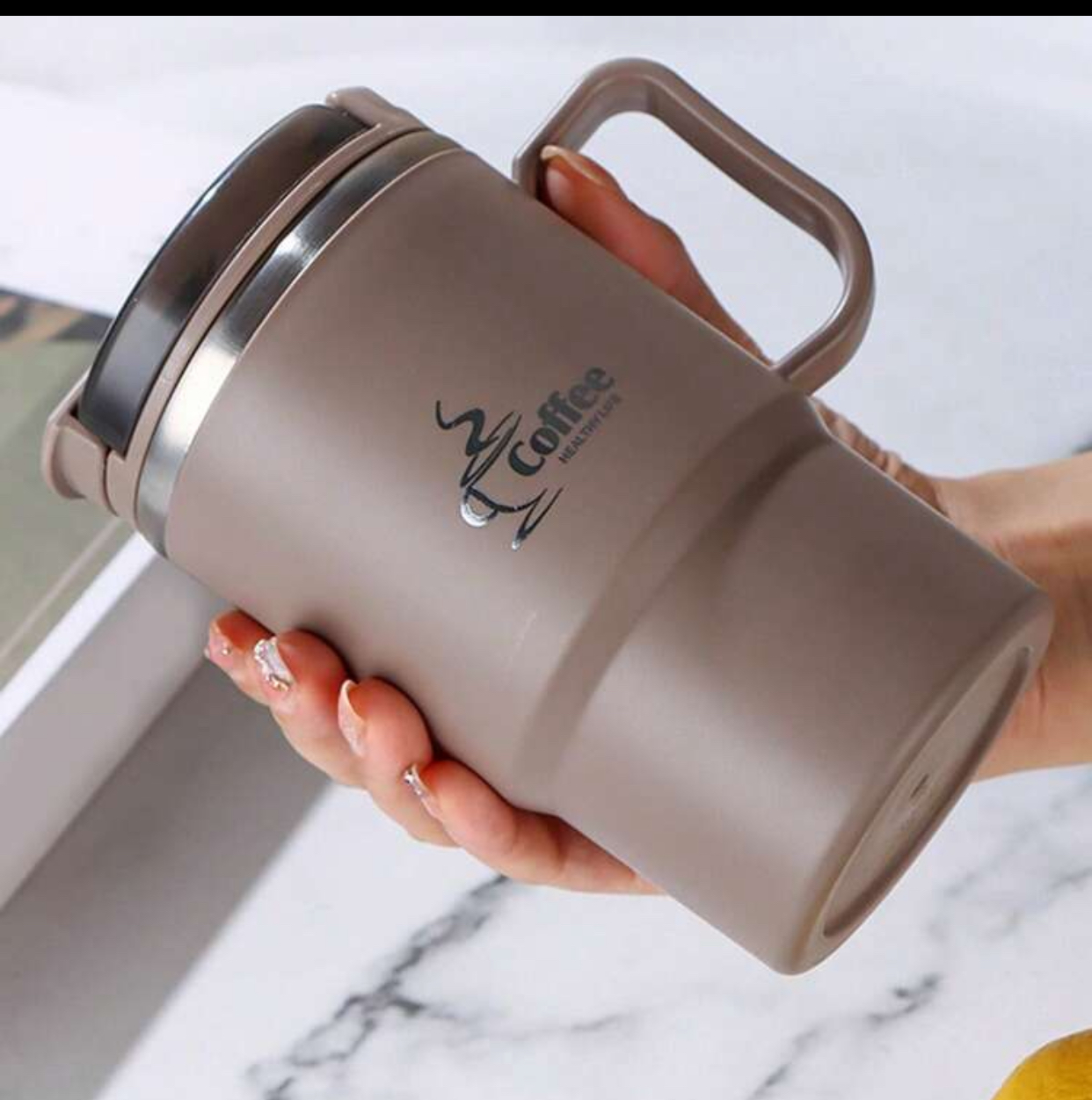 Double Wall Vacuum Insulated Stainless Steel Coffee Travel Mug Tumbler with Spill-Proof Clear Straw Lid Ergonomic Loop Grip Handle and Sweats-Proof Matte Exterior Finish Long-Lasting Hot Cold Temperature Retention 3