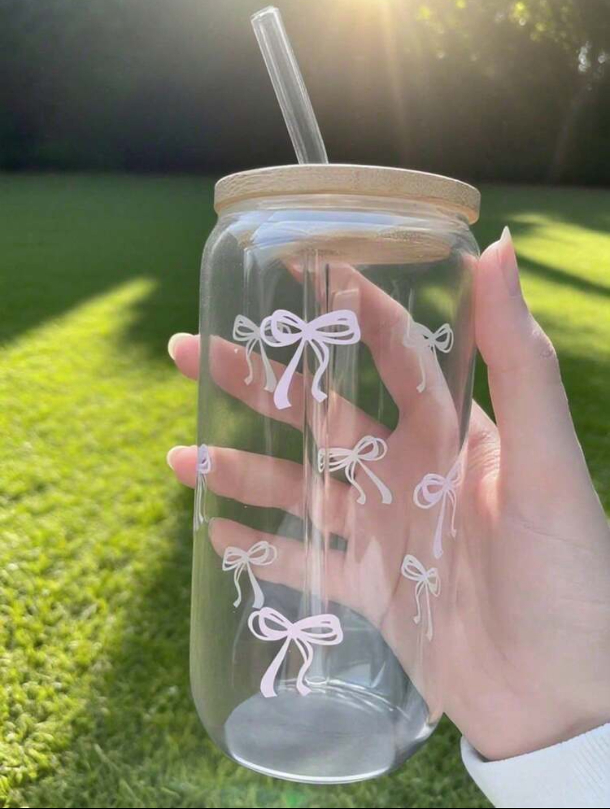 Cute Esthetic Beer Can Shaped Glass Tumbler Cup with Natural Bamboo Wood Lid Clear Reusable Glass Drinking Straw and Pink Coquette Ribbon Bow Graphic Decals Stickers for Aesthetic Iced Coffee Matcha Tea Soda Juice Smoothie