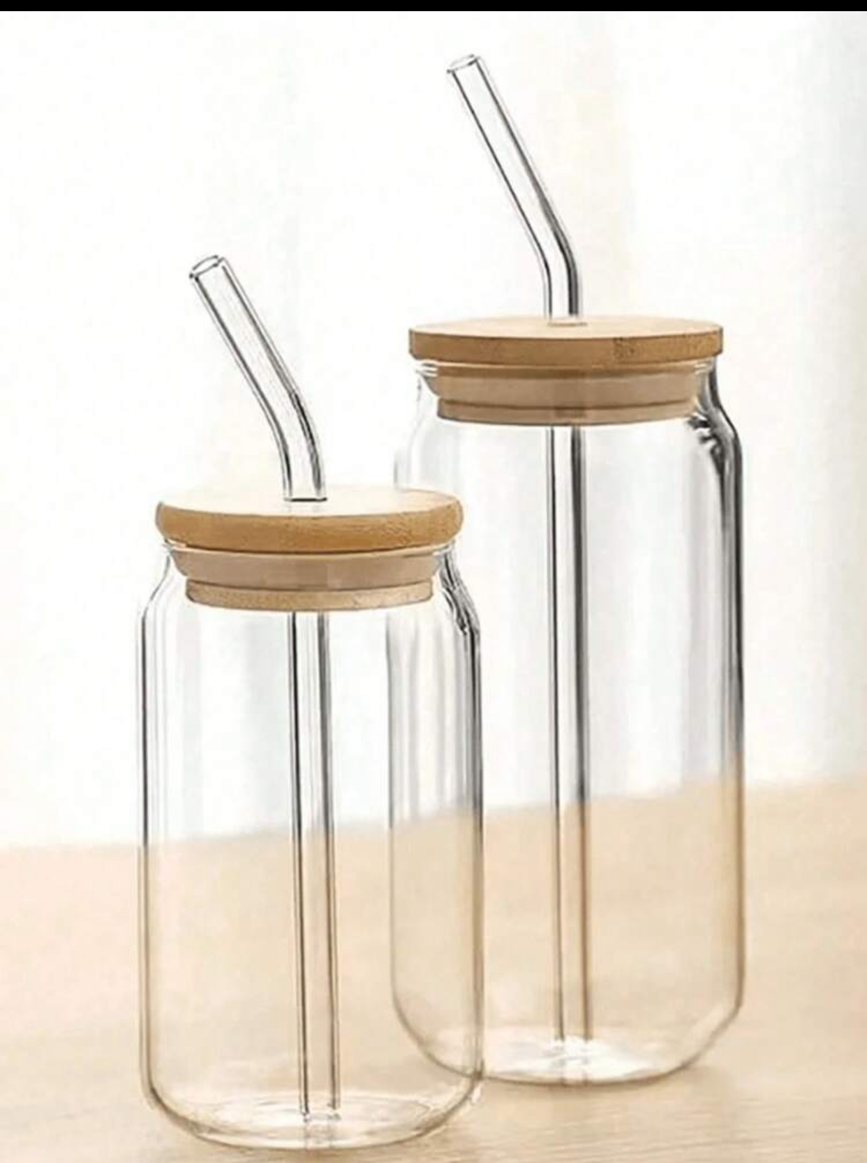 Cute Esthetic Beer Can Shaped Glass Tumbler Cup with Natural Bamboo Wood Lid Clear Reusable Glass Drinking Straw and Pink Coquette Ribbon Bow Graphic Decals Stickers for Aesthetic Iced Coffee Matcha Tea Soda Juice Smoothie 3