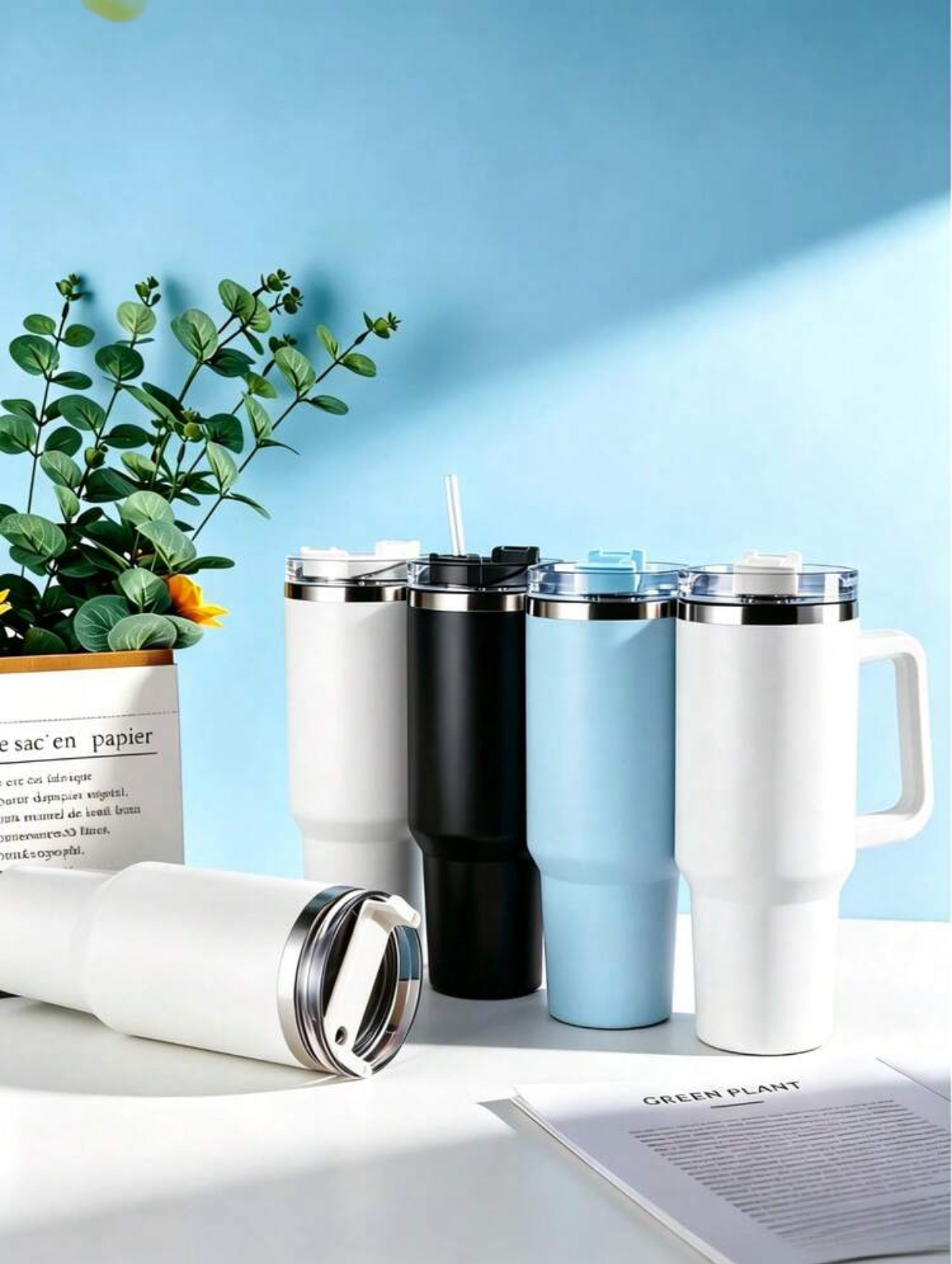 Extra Large Portable Double Wall Vacuum Insulated Stainless Steel Hydration Tumbler Travel Mug with Tapered Cupholder Friendly Base Comfort Grip Loop Handle Rotating Straw Lid and Reusable Plastic Drinking Straw