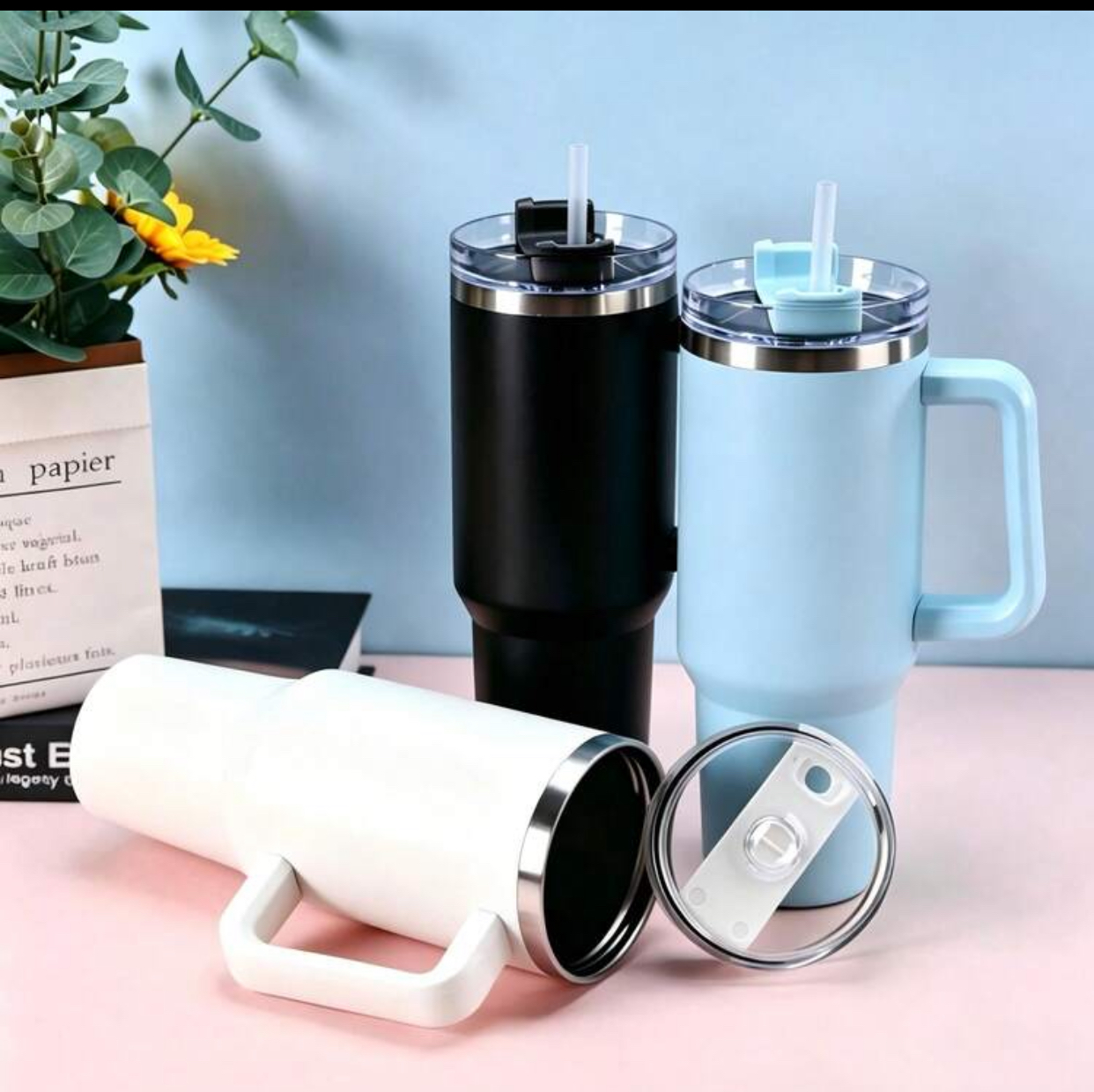 Extra Large Portable Double Wall Vacuum Insulated Stainless Steel Hydration Tumbler Travel Mug with Tapered Cupholder Friendly Base Comfort Grip Loop Handle Rotating Straw Lid and Reusable Plastic Drinking Straw 3