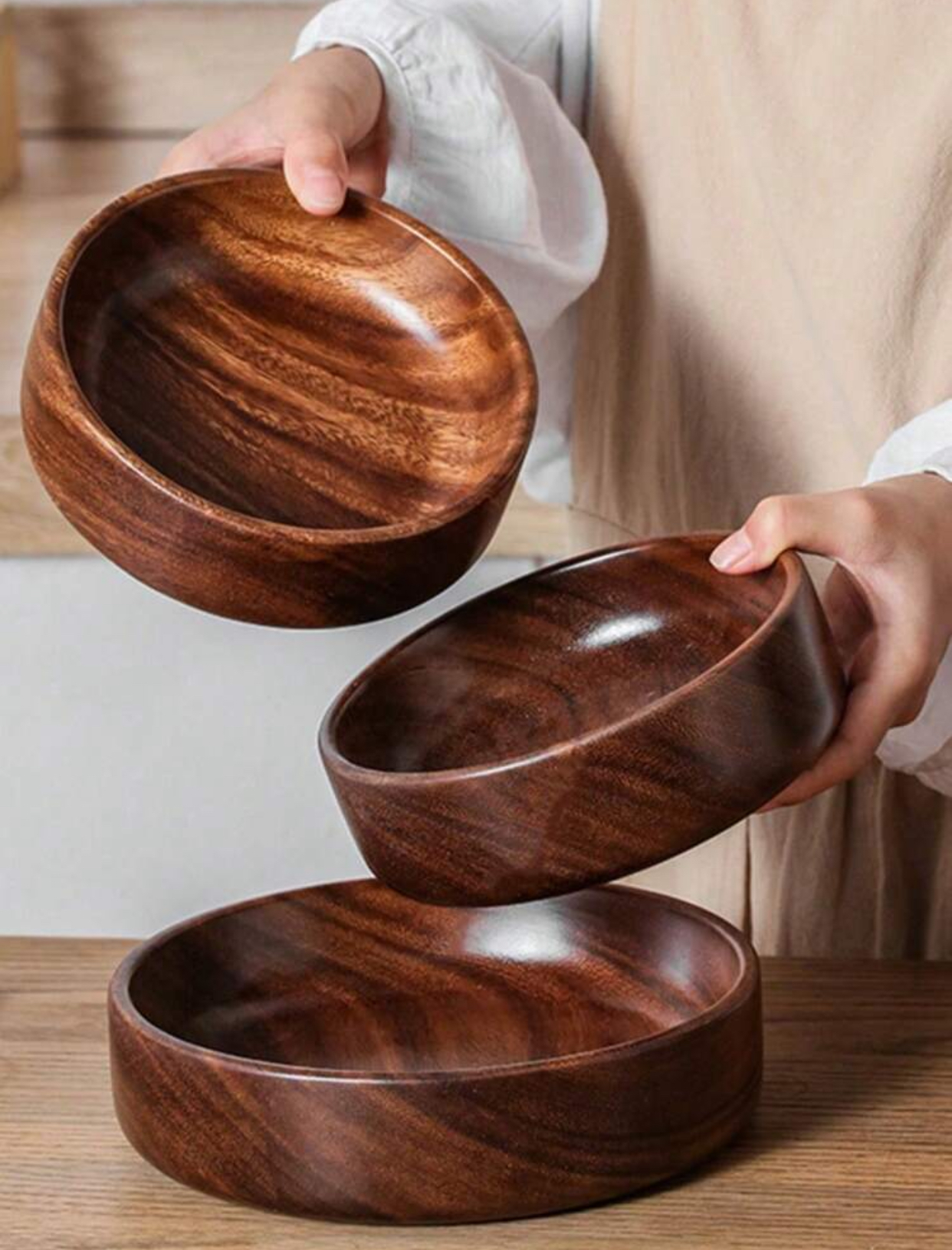 Hand-Carved Deep Walnut Wooden Salad Bowls Set Thick Solid Wood Round Nesting Bowls for Mixing Serving Popcorn Fruits Vegetables Countertop Decorative Centerpiece Display
