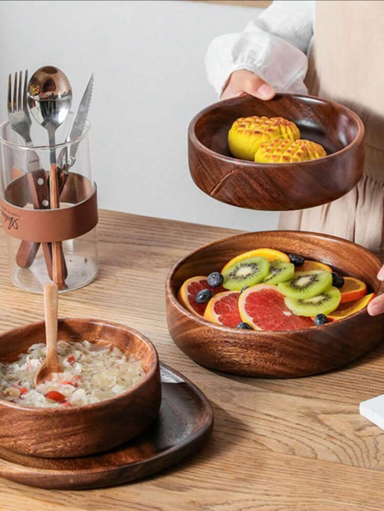 Hand-Carved Deep Walnut Wooden Salad Bowls Set Thick Solid Wood Round Nesting Bowls for Mixing Serving Popcorn Fruits Vegetables Countertop Decorative Centerpiece Display 2