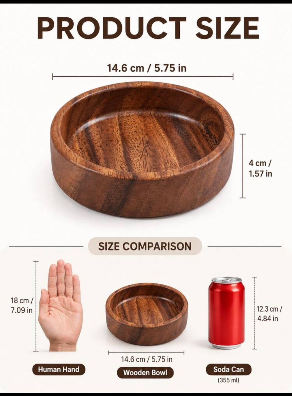 Hand-Carved Deep Walnut Wooden Salad Bowls Set Thick Solid Wood Round Nesting Bowls for Mixing Serving Popcorn Fruits Vegetables Countertop Decorative Centerpiece Display 3