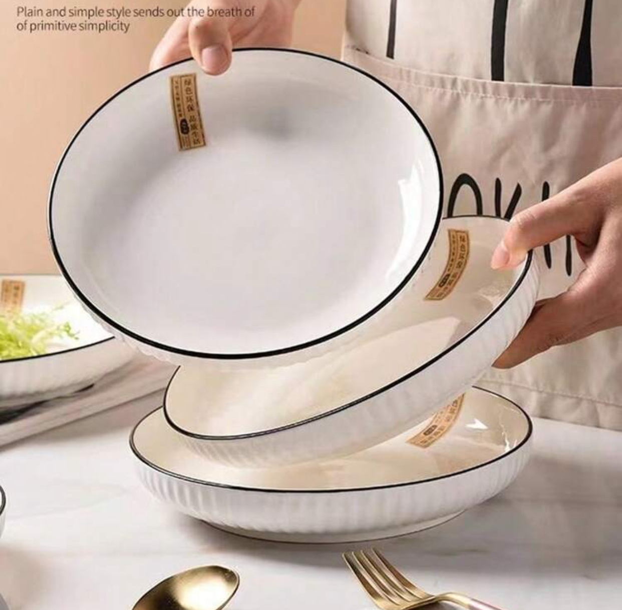 Nordic Style White Ceramic Fluted Dinner Plates Set Porcelain Deep Salad Pasta Bowls with Minimalist Black Rim Trim Textured Pleated Border Serving Dishes for Formal Dinner Parties(2pcs)