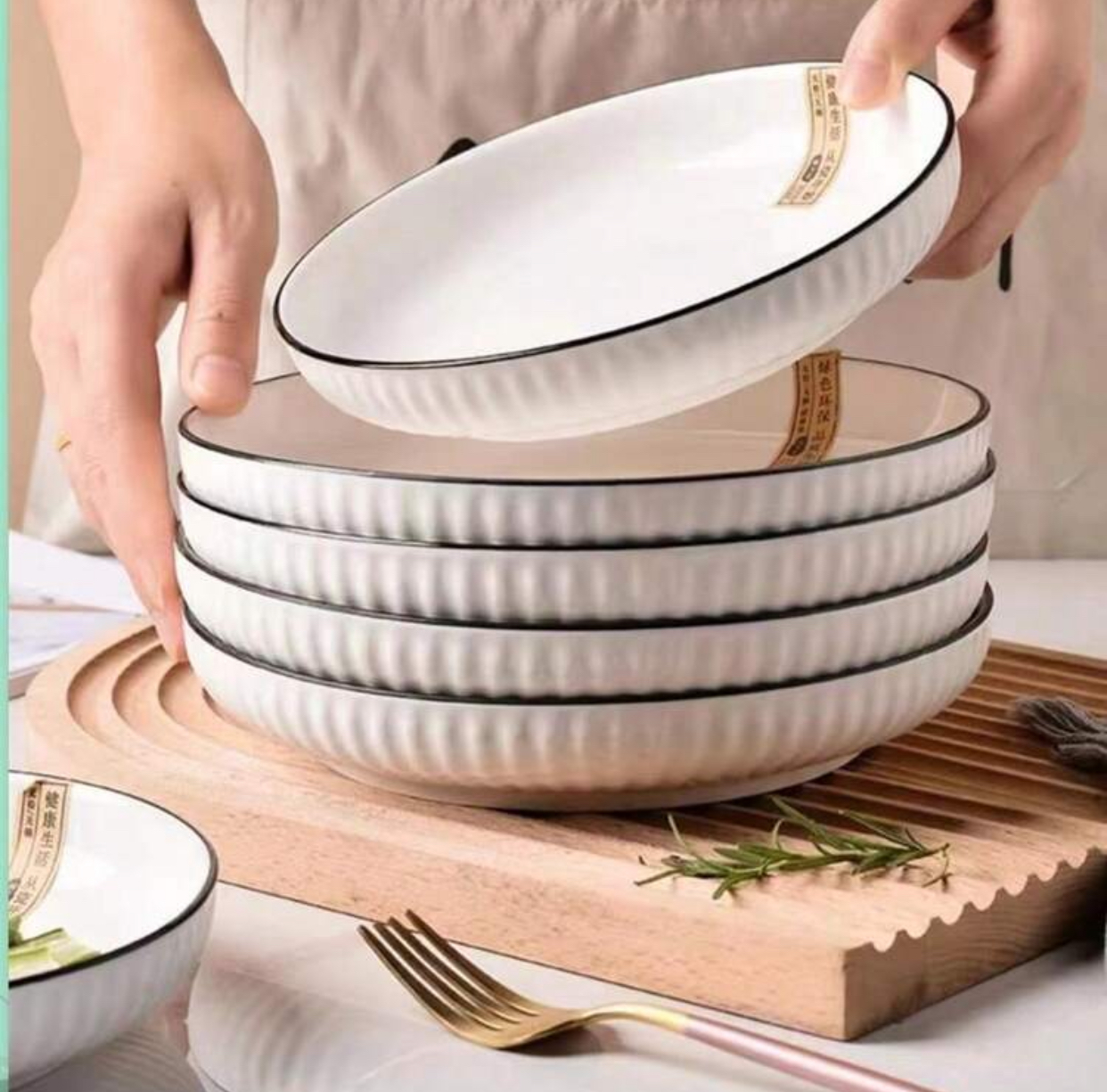 Nordic Style White Ceramic Fluted Dinner Plates Set Porcelain Deep Salad Pasta Bowls with Minimalist Black Rim Trim Textured Pleated Border Serving Dishes for Formal Dinner Parties(2pcs) 2