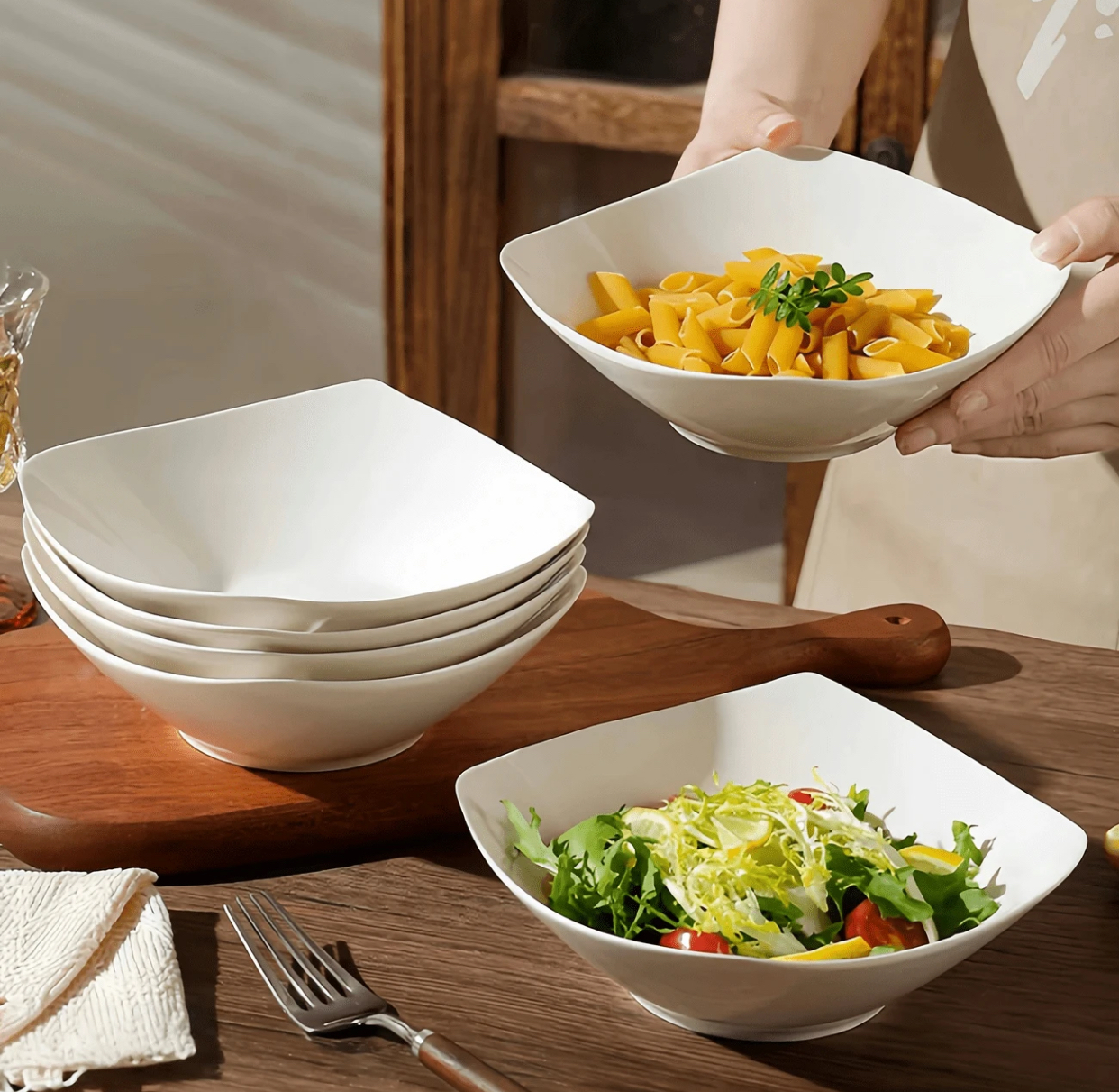 Luxury Glossy Black Ceramic Square Serving Bowls Set Modern Angled Porcelain Soup Salad Pasta Fruit Bowls Scratch-Resistant Heavyweight Mixing Nesting Bowls for Kitchen Restaurant(4pcs) 2