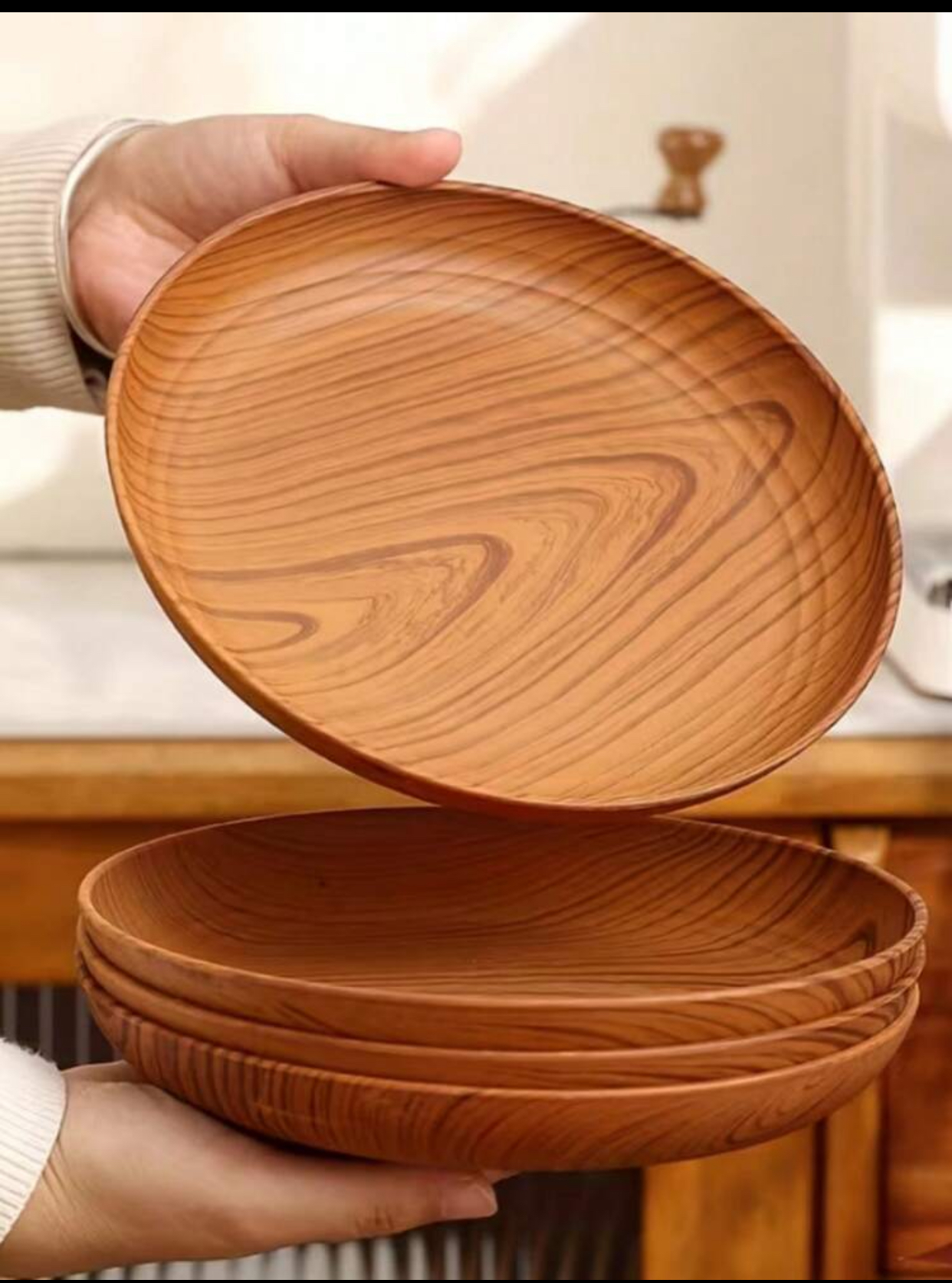 Modern Round Wooden Serving Dinner Plates Set Solid Lightweight Wood Charger Platters Decorative Shallow Salad Fruit Appetizer Dishes Trays for Home Kitchen Restaurant Catering(3pcs)