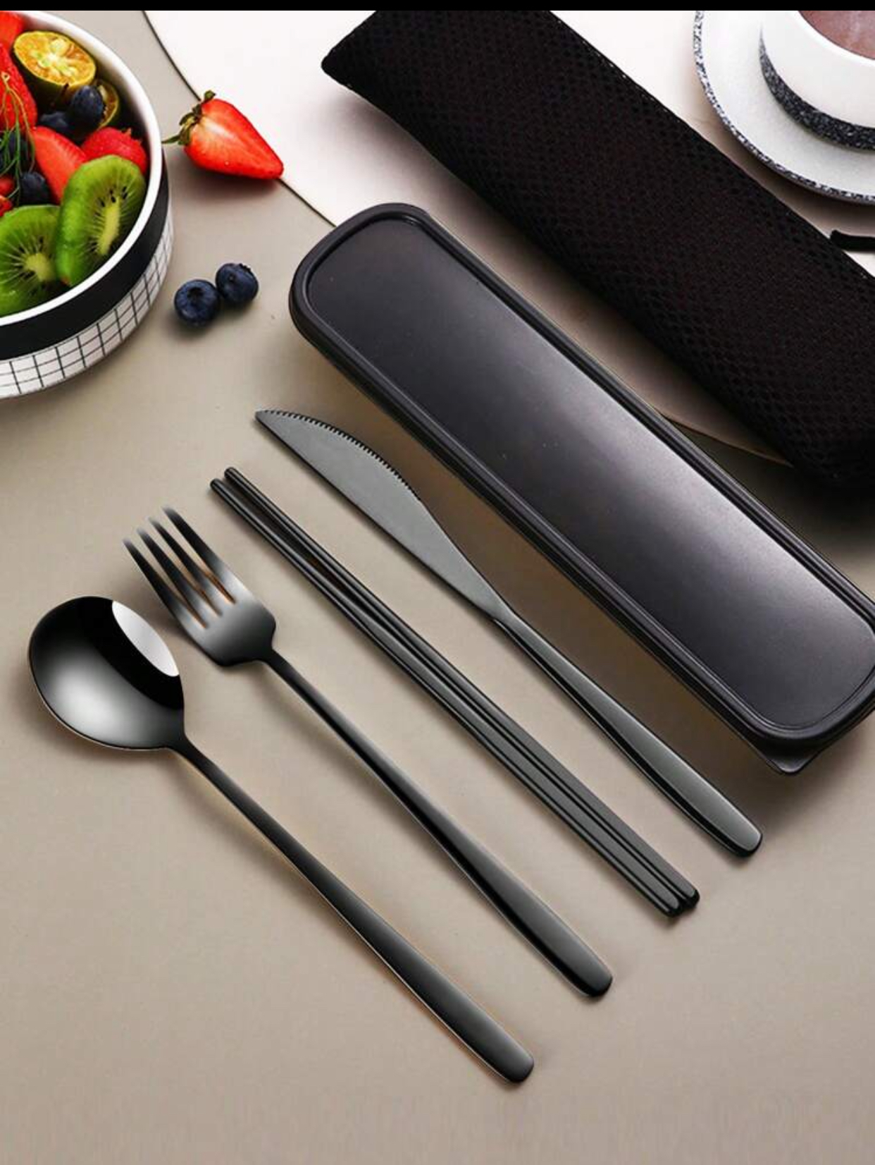 4-Piece Portable Travel Flatware Cutlery Set Stainless Steel Reusable Spoon Fork Chopsticks Knife Set with Eco-Friendly Wheat Straw Blue Carrying Case Pouch for Office Lunch Camping School