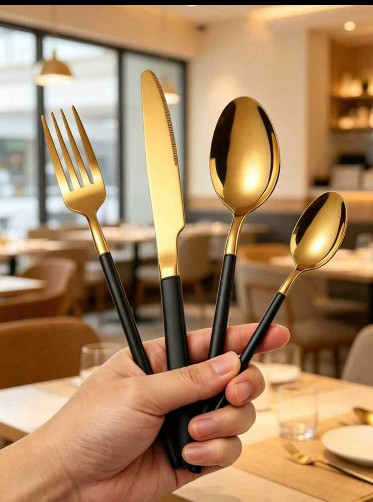 Luxury 16-Piece Matte Black and Gold Stainless Steel Flatware Cutlery Set Modern Ergonomic Knife Fork Spoons Heavy-Duty Silverware Utensils Set for Fine Dining Weddings Gift