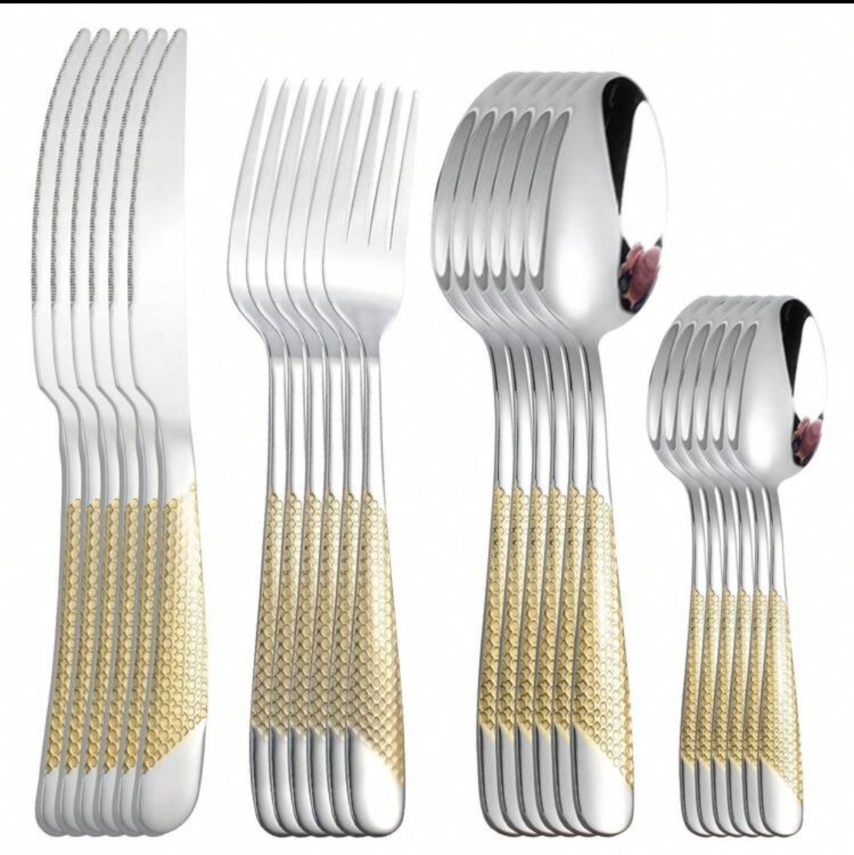 Premium Stainless Steel Silverware Cutlery Set 16-Piece Mirror Polished Service for 6 Dinner Knives Forks Spoons with Luxury Gold Honeycomb Textured Pattern Handles Dishwasher Safe