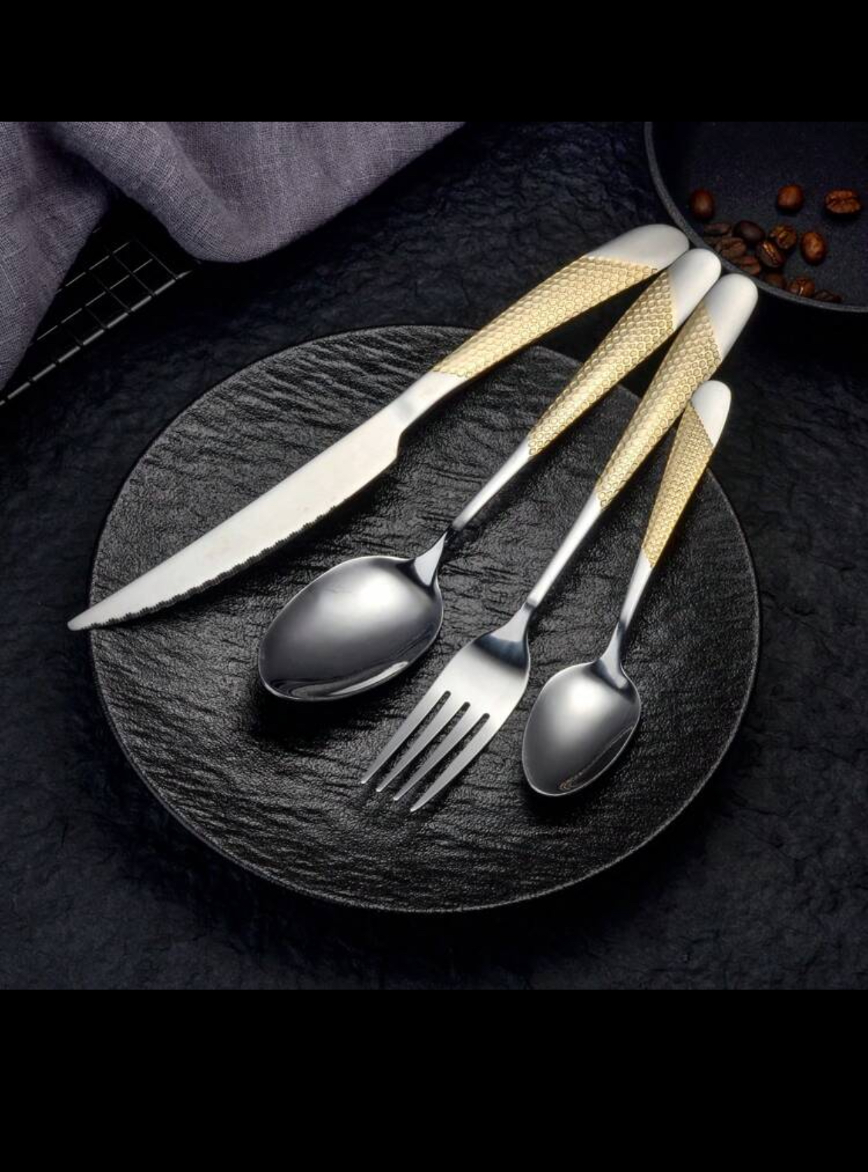 Premium Stainless Steel Silverware Cutlery Set 16-Piece Mirror Polished Service for 6 Dinner Knives Forks Spoons with Luxury Gold Honeycomb Textured Pattern Handles Dishwasher Safe 2
