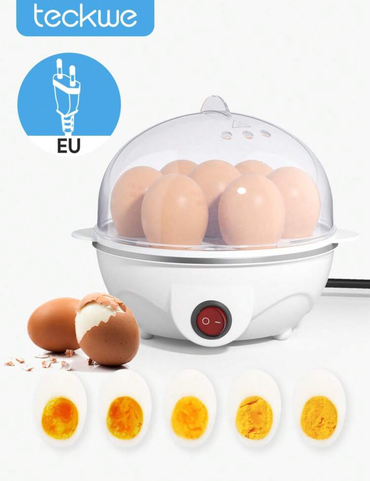 Teckwe Electric Rapid Egg Cooker 7-Capacity Hard Boiled Egg Maker with Clear Dome Lid Automatic Shut-Off Soft Medium or Hard-Boiled Degree Indicators EU Plug Countertop Steamer