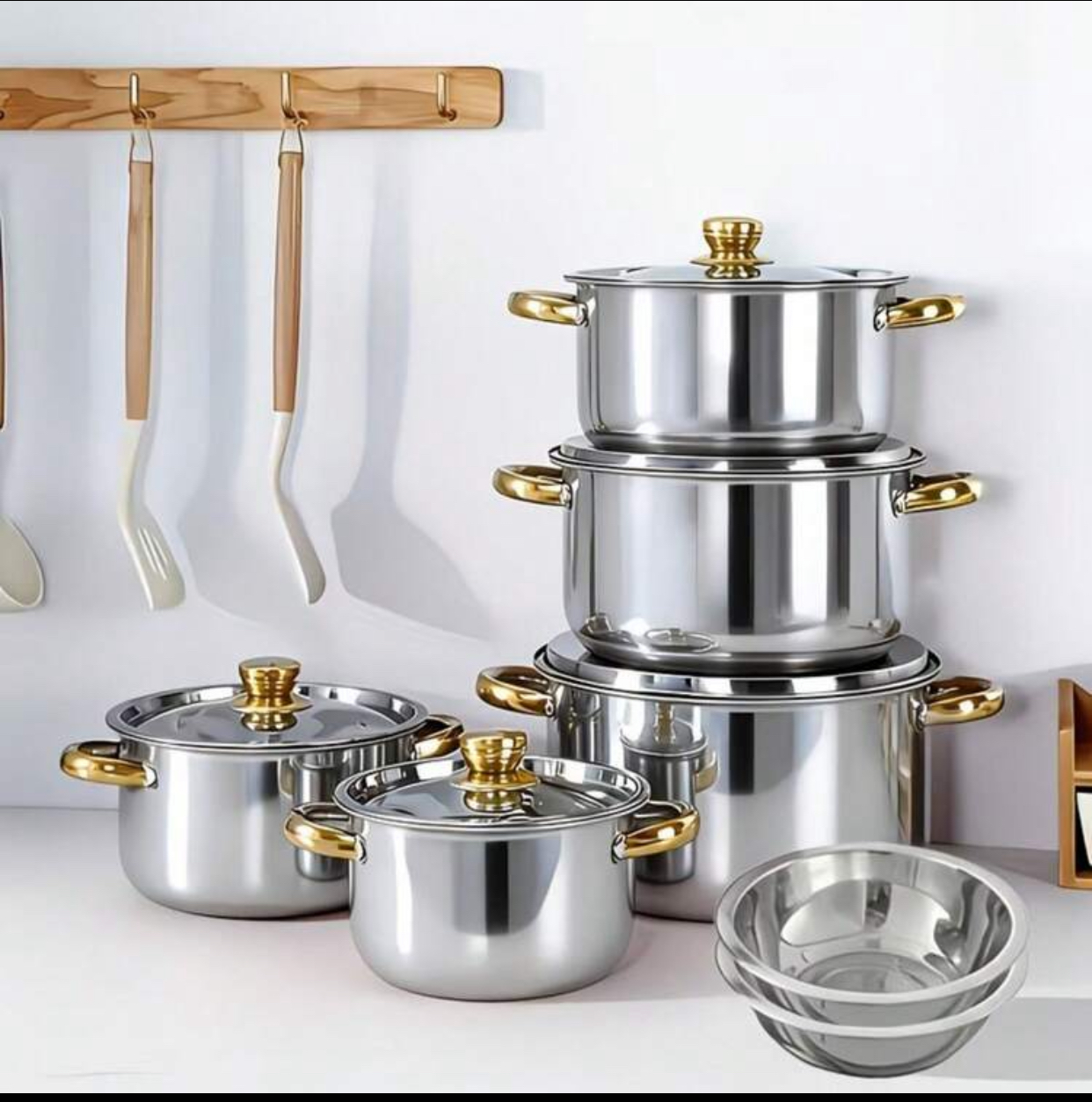 Premium Stainless Steel Cookware Set 5-Piece Heavy-Duty Induction Safe Stockpot Casserole Pots and Mixing Bowls Set with Polished Gold Handles and Tempered Glass Lids