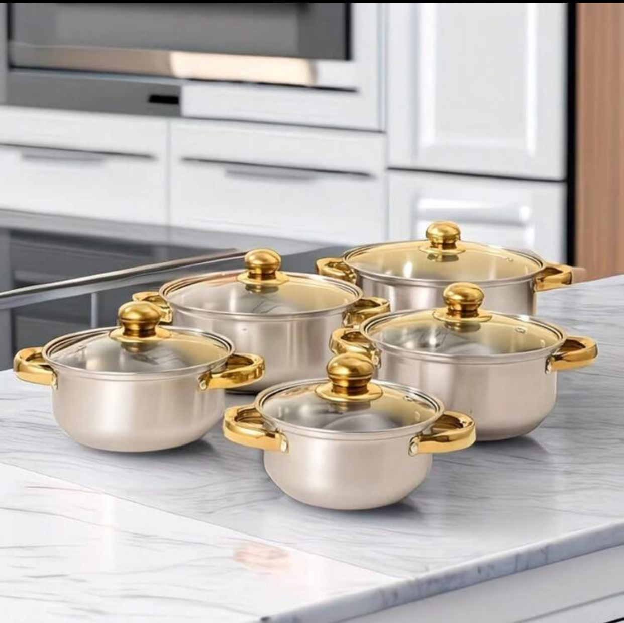 Premium Stainless Steel Cookware Set 5-Piece Heavy-Duty Induction Safe Stockpot Casserole Pots and Mixing Bowls Set with Polished Gold Handles and Tempered Glass Lids 2