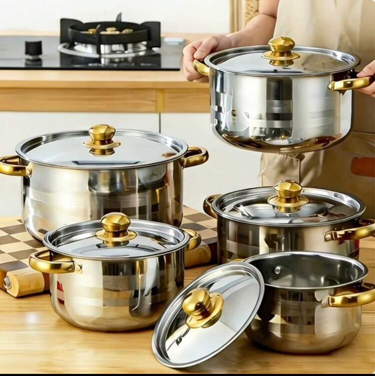 Premium Stainless Steel Cookware Set 5-Piece Heavy-Duty Induction Safe Stockpot Casserole Pots and Mixing Bowls Set with Polished Gold Handles and Tempered Glass Lids 3