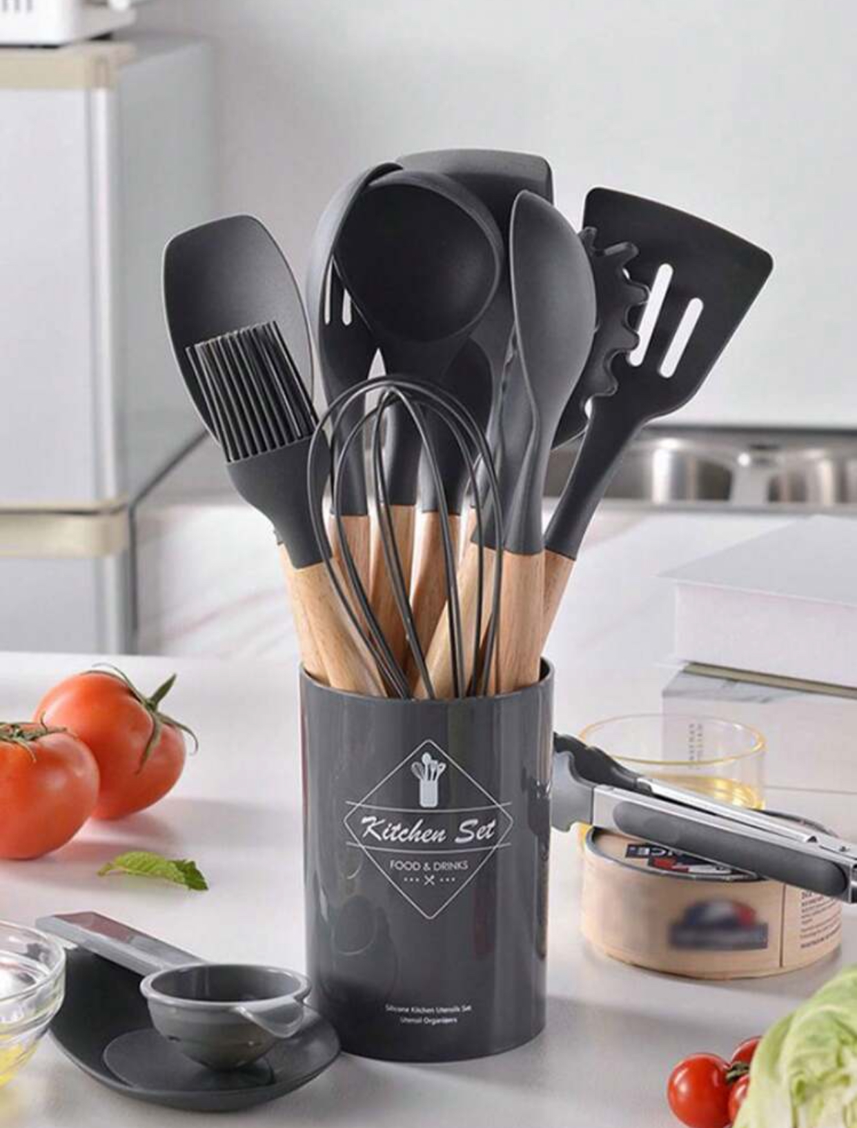 Luxury 12-Piece Silicone Kitchen Utensil Set with Natural Beechwood Handles Heat-Resistant Charcoal Gray Cooking Turner Spatula Whisk Tongs Set with Matching Storage Organizer Canister