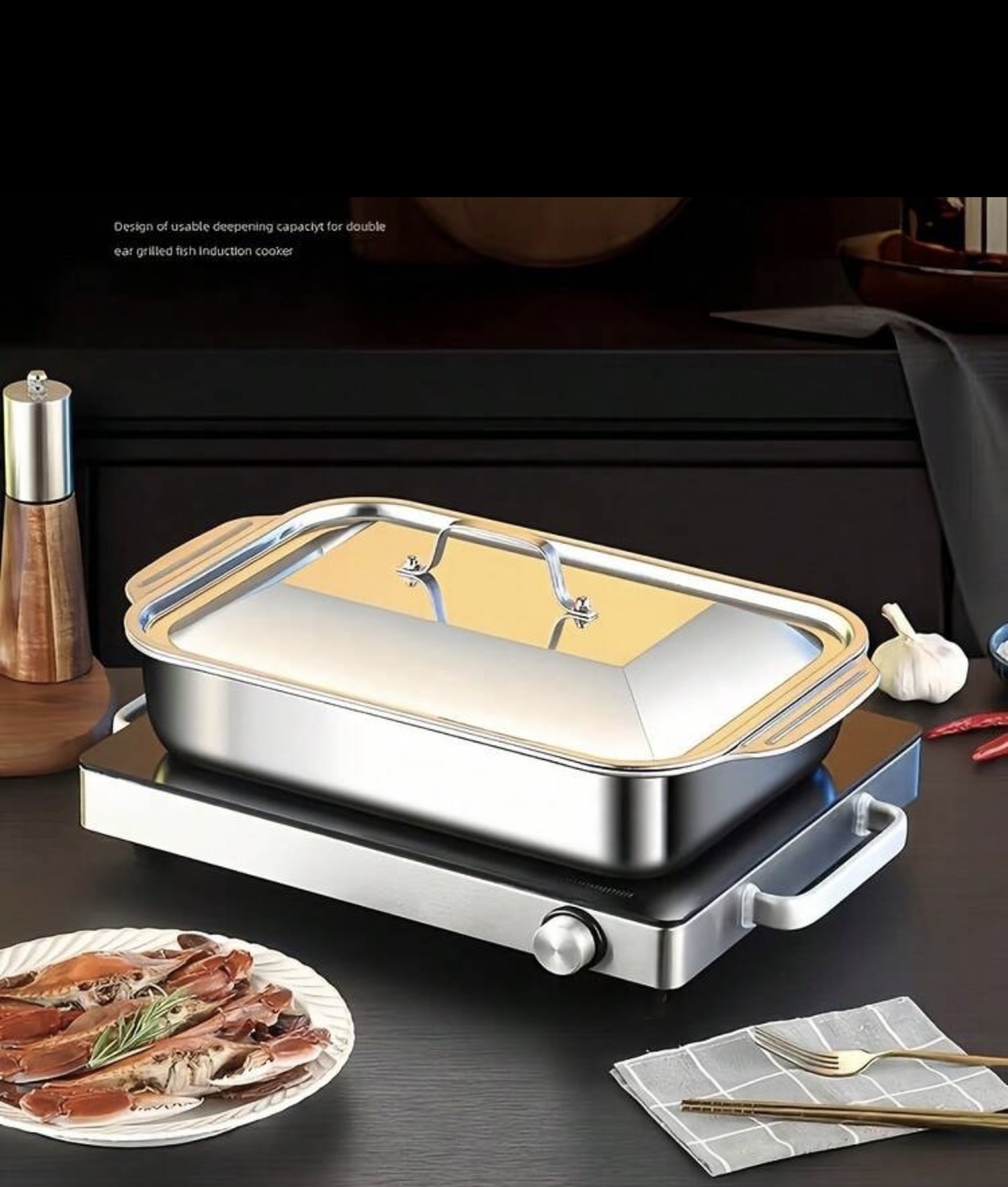 Commercial Stainless Steel Induction Chafing Dish Rectangular Buffet Warmer Food Server Pan with Polished Lid and Electric Heating Base Station Tray for Catering Events